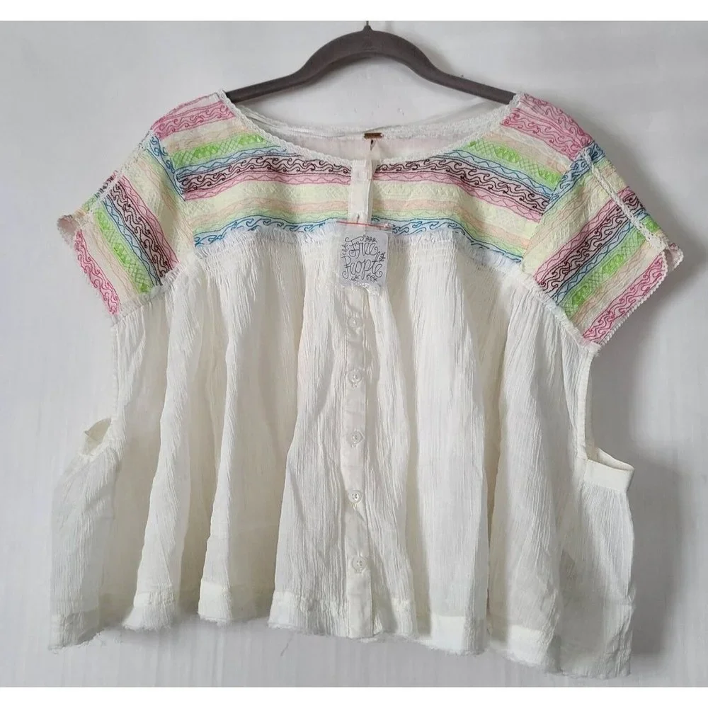 Free People Mirabella Embroidered Top Sz XS Cream Multicolor Crop SS NWT $128